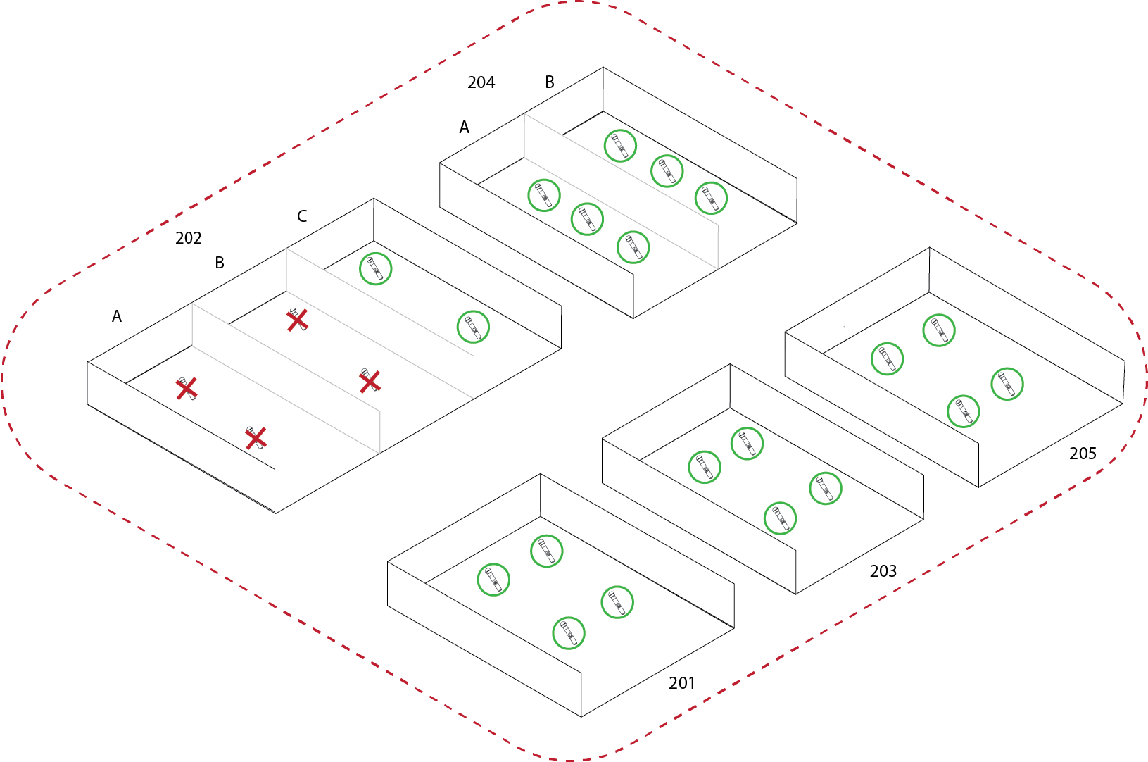 A single area with 24 wireless devices. Four have red Xs over them