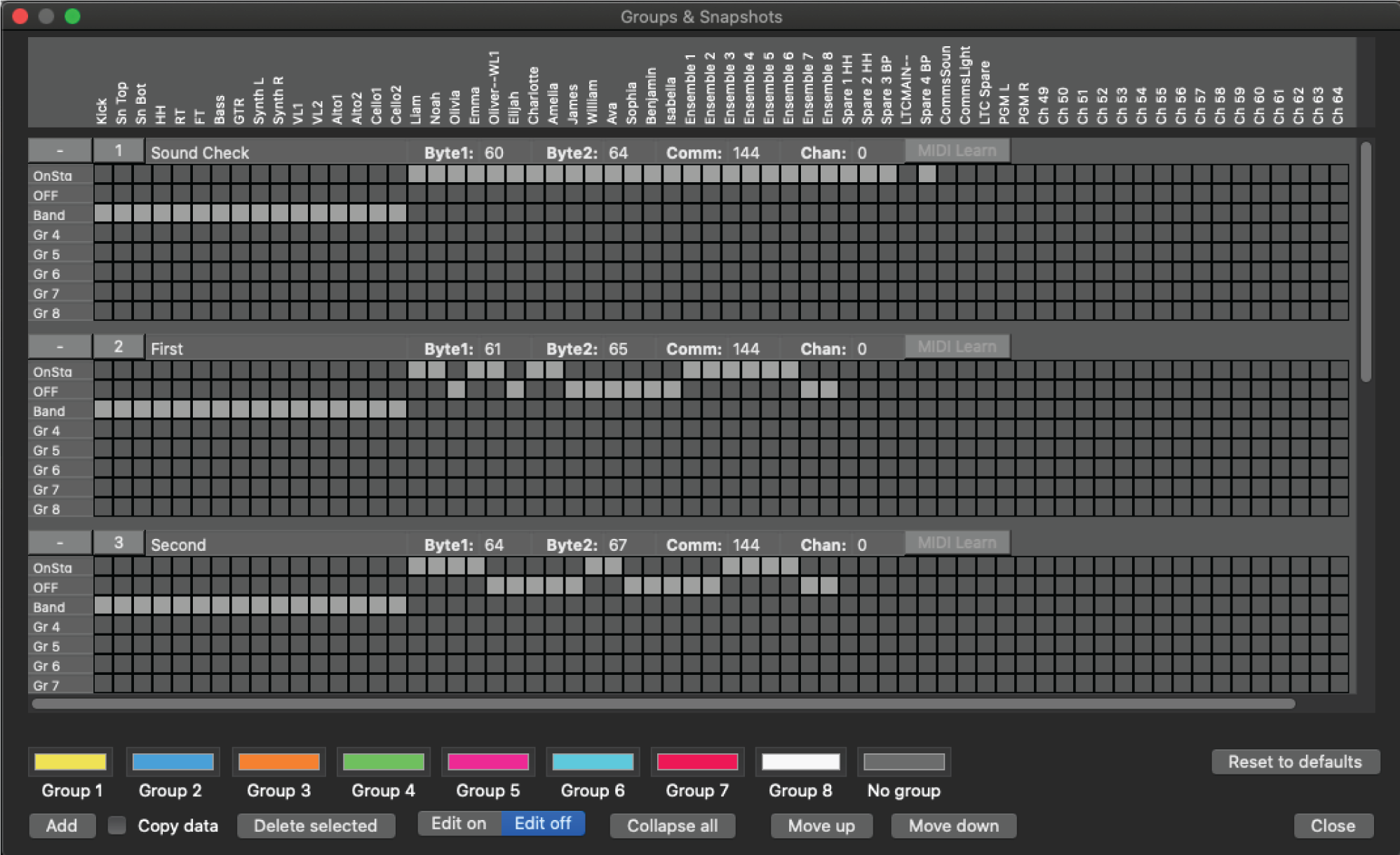 The groups and snapshots screen